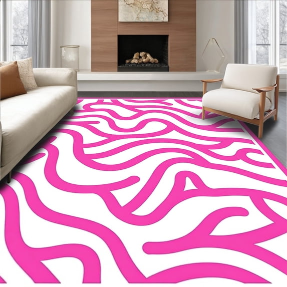 ODIKA 3'x5' Machine Washable Non-Slip Area Rug, Contemporary Interlocking Waves with Bold Abstract Symbols High Traffic Rug with Pad, Pink, 495227