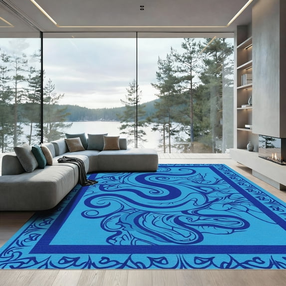 ODIKA 3x5 Machine Washable Non-Slip Area Rug, Contemporary Snake Inspired Abstract Art with Lush Tones High Traffic Rug with Pad, Blue, 913839