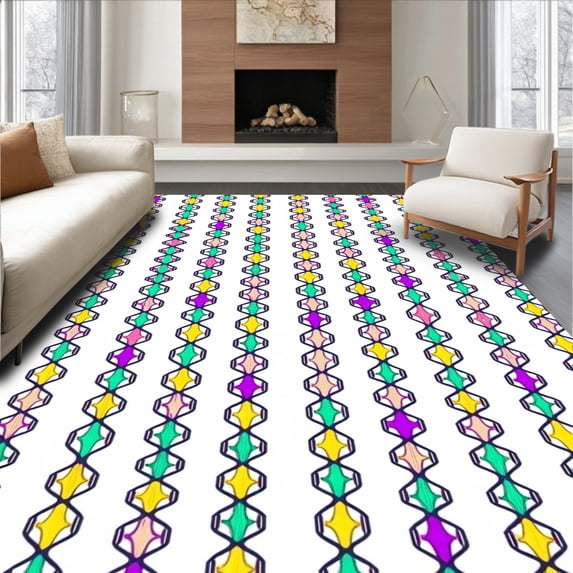 ODIKA 3'x5' Machine Washable Non-Slip Area Rug, Cosmic Prism Interlocking Stripes Design High Traffic Rug, Yellow, 702960