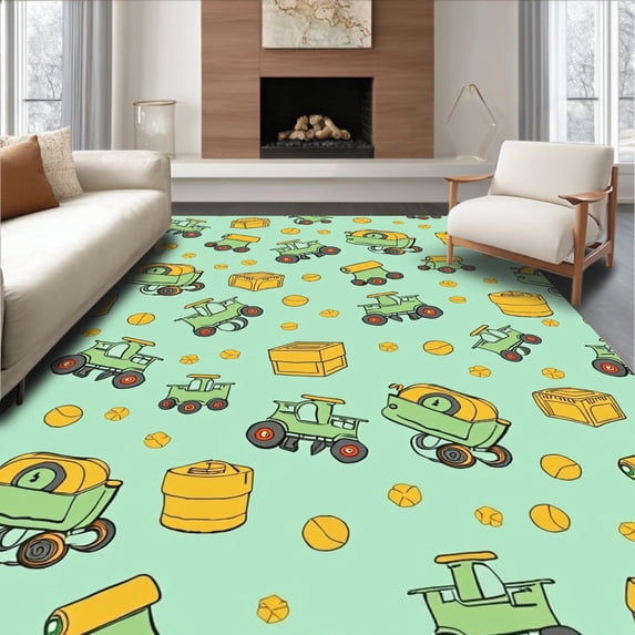 ODIKA 3'x5' Machine Washable Non-Slip Area Rug, Country Farmyard Transport Equipment Patterned Floor Textile High Traffic Rug, Green, 440193