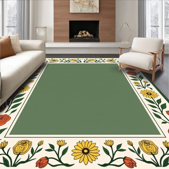 ODIKA 3'x5' Machine Washable Non-Slip Area Rug, Countryside Blossom Framed Handsome High Traffic Rug with Pad, Yellow, 663552