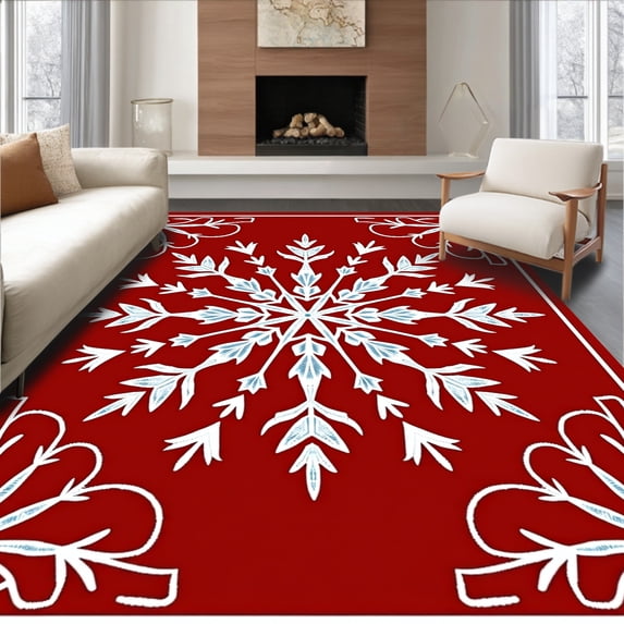 ODIKA 3'x5' Machine Washable Non-Slip Area Rug, Crystalline Winter with Intricate Snowflake Motifs High Traffic Rug, Red, 506146