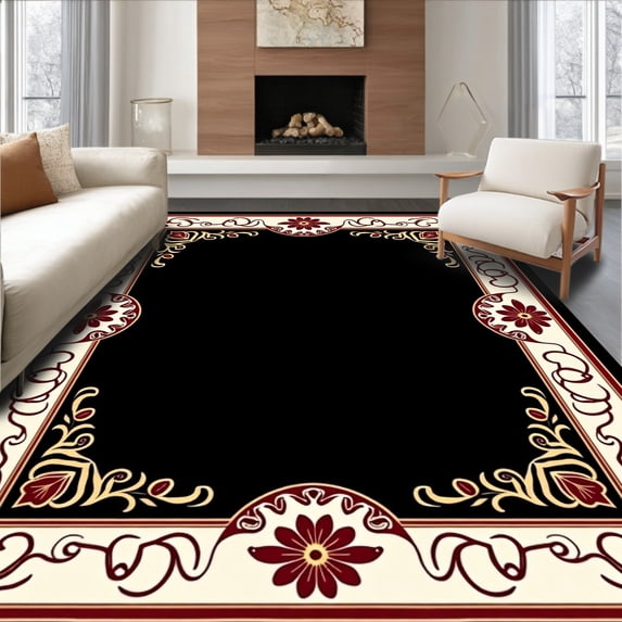 ODIKA 3'x5' Machine Washable Non-Slip Area Rug, Dark Black Floral Border High Traffic Rug, Black, 336990