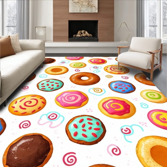 ODIKA 3'x5' Machine Washable Non-Slip Area Rug, Delicious Bakery Treats Sprinkled Glazed Confectionery Artwork High Traffic Rug with Pad, Brown, 459509