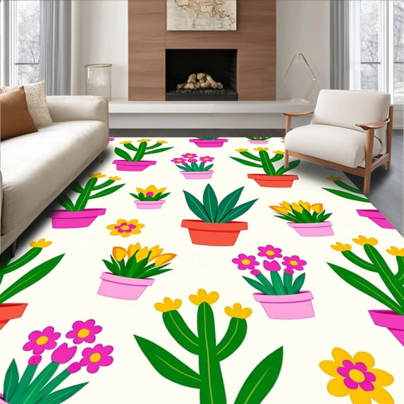 ODIKA 3'x5' Machine Washable Non-Slip Area Rug, Desert Bloom Succulent Garden with Vibrant Florals High Traffic Rug, Pink, 721901