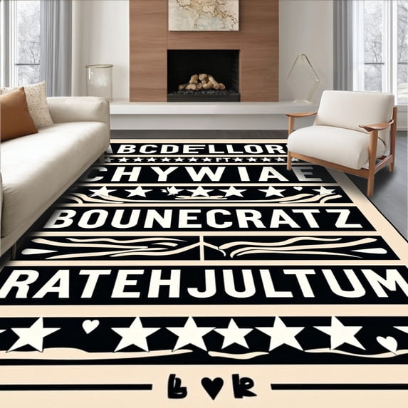 ODIKA 3'x5' Machine Washable Non-Slip Area Rug, Discovery Featuring Letters and Accents High Traffic Rug with Pad, Black, 690866