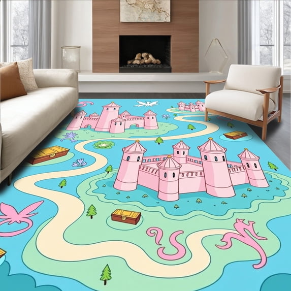 ODIKA 3'x5' Machine Washable Non-Slip Area Rug, Dragon Fantasy Wonderland Map High Traffic Rug with Pad, Pink, 725022
