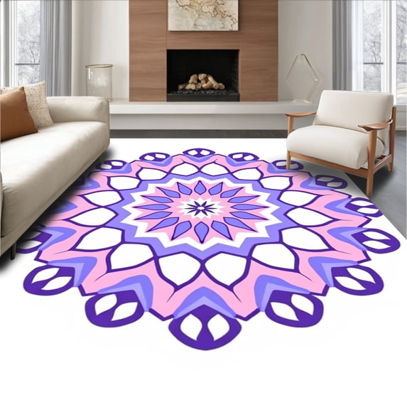 ODIKA 3x5 Machine Washable Non-Slip Area Rug, Dreamscape Petal Medallion with Interlocking Motif High Traffic Rug with Pad, Purple, 566769