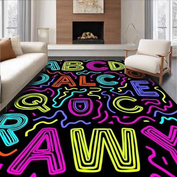 ODIKA 3'x5' Machine Washable Non-Slip Area Rug, Dynamic Letter Recognition with Movement High Traffic Rug, Black, 689877