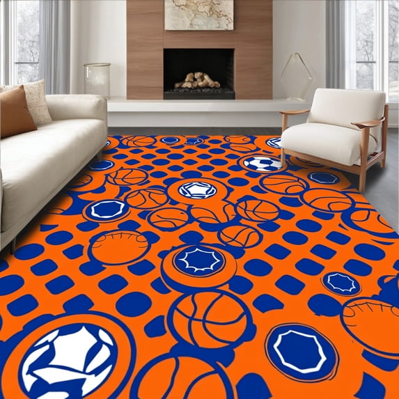 ODIKA 3'x5' Machine Washable Non-Slip Area Rug, Dynamic Sports Mosaic with Interlocking Playful Motifs High Traffic Rug, Orange, 677704