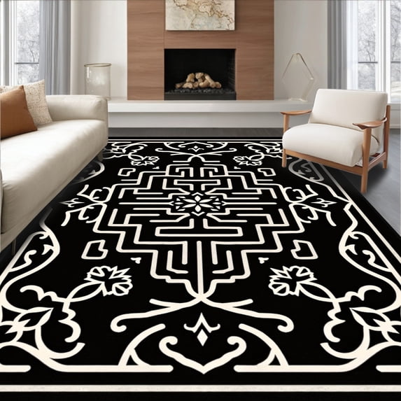 ODIKA 3'x5' Machine Washable Non-Slip Area Rug, Dynasty Baroque Jewel Labyrinth High Traffic Rug with Pad, Black, 657863