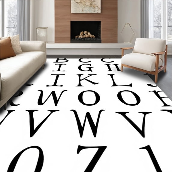 ODIKA 3'x5' Machine Washable Non-Slip Area Rug, Educational Letter Grid Typography Design High Traffic Rug with Pad, Black, 696694