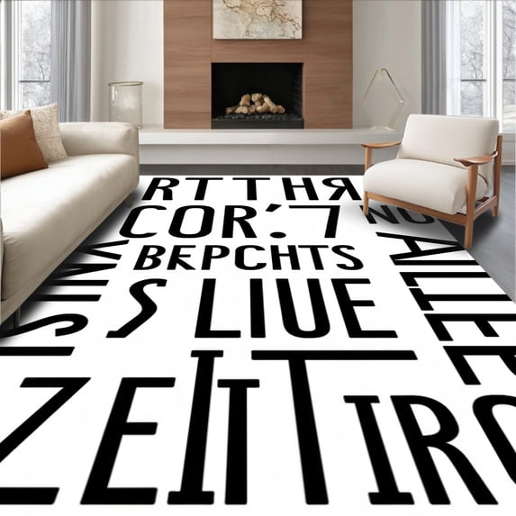 ODIKA 3'x5' Machine Washable Non-Slip Area Rug, Educational Letter Grid Typography Poster Design Learning Alphabet High Traffic Rug with Pad, Black, 696748
