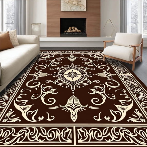 ODIKA 3'x5' Machine Washable Non-Slip Area Rug, Elegant Baroque Scroll Damask Slip Resistant Path Corridor High Traffic Rug, Brown, 562880