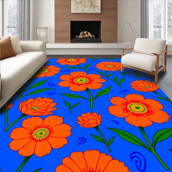 ODIKA 3'x5' Machine Washable Non-Slip Area Rug, Elegant Botanical Garden Blooms Artistic High Traffic Rug with Pad, Blue, 417280