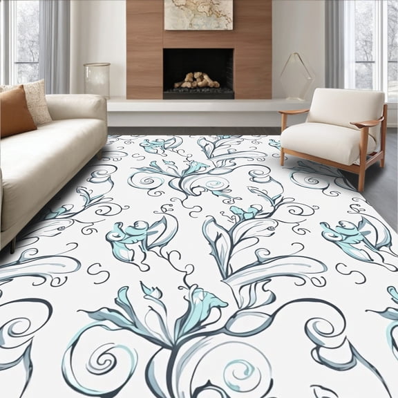 ODIKA 3'x5' Machine Washable Non-Slip Area Rug, Elegant Botanical Scroll With Intricate Vine Motifs High Traffic Rug, White, 658955