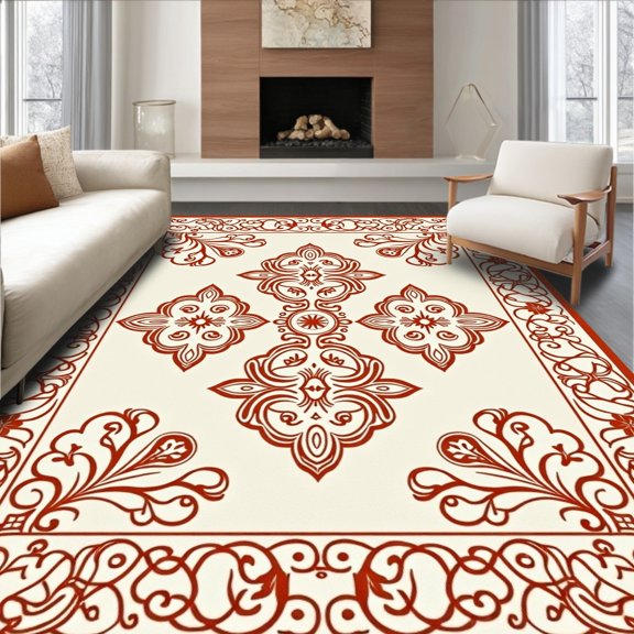 ODIKA 3x5 Machine Washable Non-Slip Area Rug, Elegant Botanical Vine Scroll Interlocking Medallion High Traffic Rug, Red, 661193