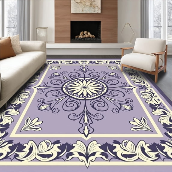 ODIKA 3'x5' Machine Washable Non-Slip Area Rug, Elegant Damask Swirl Transitional Vintage Faded Ornate High Traffic Rug with Pad, Purple, 472754