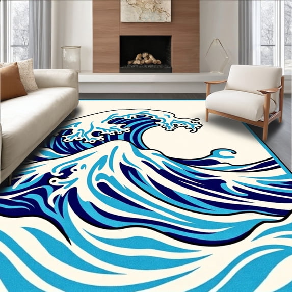 ODIKA 3'x5' Machine Washable Non-Slip Area Rug, Elegant Edge Bathroom With Japanese Wave Motif High Traffic Rug with Pad, Blue, 725338
