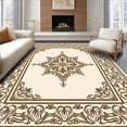 thumbnail image 1 of ODIKA 3'x5' Machine Washable Non-Slip Area Rug, Elegant Floral Medallion Border Interlocking Symmetrical Ornate Print High Traffic Rug with Pad, Brown, 593359, 1 of 8
