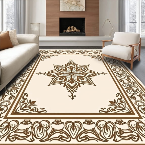 ODIKA 3'x5' Machine Washable Non-Slip Area Rug, Elegant Floral Medallion Border Interlocking Symmetrical Ornate Print High Traffic Rug with Pad, Brown, 593359