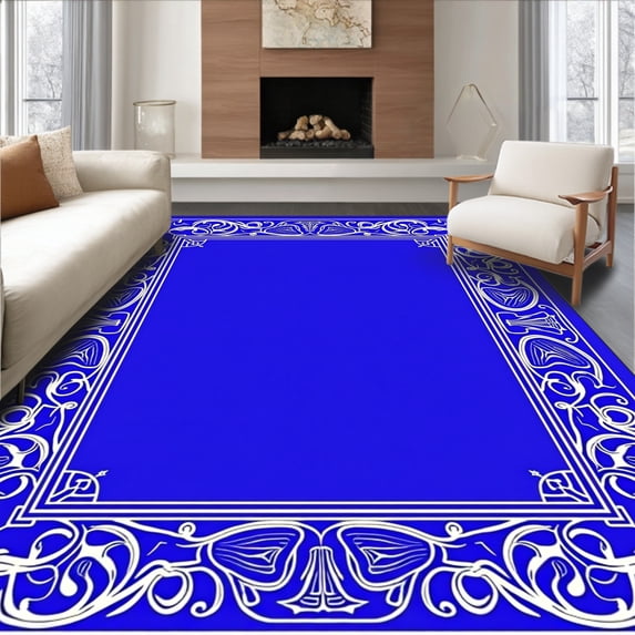 ODIKA 3'x5' Machine Washable Non-Slip Area Rug, Elegant Floral Swirls With Dancing Accents Design High Traffic Rug with Pad, Blue, 646439