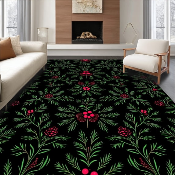 ODIKA 3'x5' Machine Washable Non-Slip Area Rug, Elegant Floral Wreath Seasonal Yarn Decoration Framework High Traffic Rug, Black, 744437