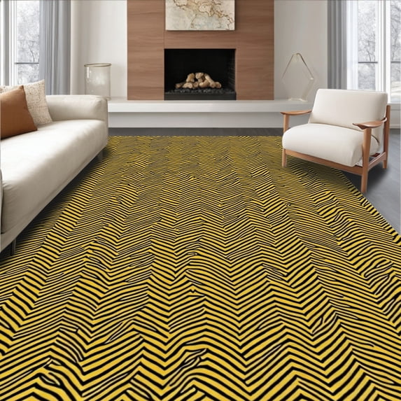 ODIKA 3'x5' Machine Washable Non-Slip Area Rug, Elegant Herringbone with Contrasting Shadow Effect High Traffic Rug, Yellow, 525770