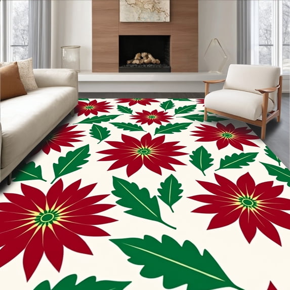 ODIKA 3'x5' Machine Washable Non-Slip Area Rug, Elegant Poinsettia Bath Ensemble Seasonal Decorative Commode Kit High Traffic Rug, Red, 625969