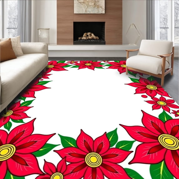 ODIKA 3'x5' Machine Washable Non-Slip Area Rug, Elegant Poinsettia Bloom Seasonal Decoration Accent High Traffic Rug with Pad, Red, 739274