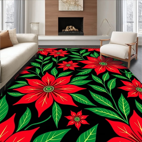 ODIKA 3'x5' Machine Washable Non-Slip Area Rug, Elegant Poinsettia Blossom Entrance Welcome Station High Traffic Rug, Red, 731641