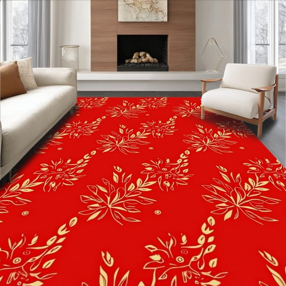 ODIKA 3'x5' Machine Washable Non-Slip Area Rug, Elegant Poinsettia Blossom Seasonal Embellished Pathway High Traffic Rug, Red, 629905