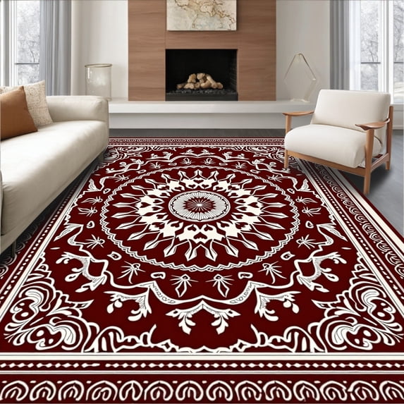 ODIKA 3'x5' Machine Washable Non-Slip Area Rug, Elegant Style Displaying Layered Petal Shapes And Delicate Filigree High Traffic Rug, Red, 570238