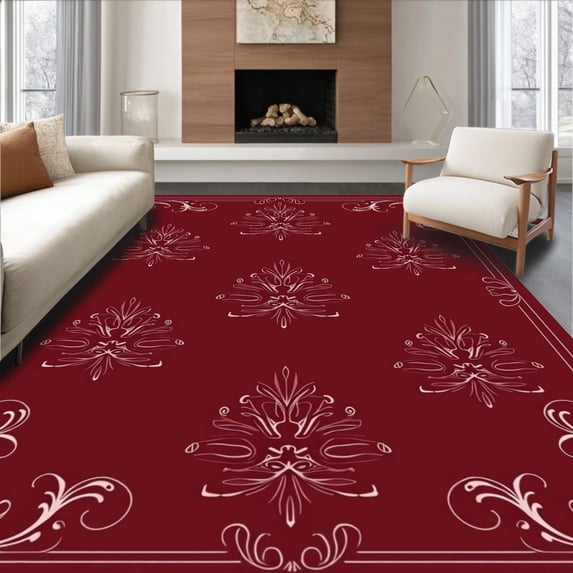 ODIKA 3'x5' Machine Washable Non-Slip Area Rug, Elegant Swirl Damask Traditional Household Enhancement High Traffic Rug with Pad, Red, 616729