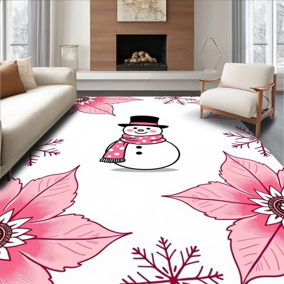 ODIKA 3'x5' Machine Washable Non-Slip Area Rug, Elegant Yuletide Bathroom Ensemble With Merry Frosty Character High Traffic Rug, Pink, 628405