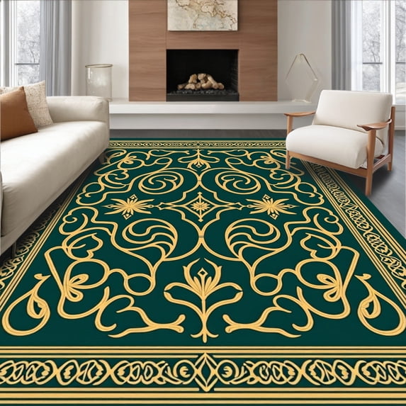 ODIKA 3'x5' Machine Washable Non-Slip Area Rug, Emerald Wave with Intricate Motifs and Symmetrical Design High Traffic Rug, Green, 389952