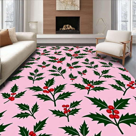 ODIKA 3'x5' Machine Washable Non-Slip Area Rug, Enchanted Berry Leaf Festivity Guard High Traffic Rug with Pad, Pink, 626220