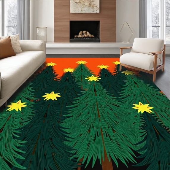 ODIKA 3'x5' Machine Washable Non-Slip Area Rug, Enchanted Christmas Tree Forest with Pine Needle Details High Traffic Rug with Pad, Orange, 632482
