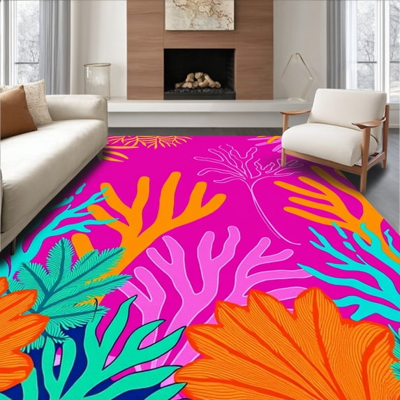 ODIKA 3'x5' Machine Washable Non-Slip Area Rug, Enchanted Coral Reef Garden Fiber Art Stitching Project High Traffic Rug with Pad, Pink, 726053