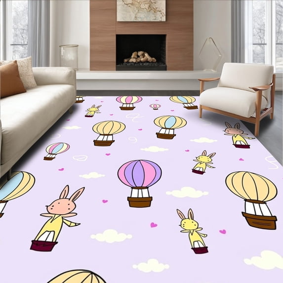 ODIKA 3'x5' Machine Washable Non-Slip Area Rug, Enchanted Forest Creatures Soaring Through Dreamy Sky Clouds High Traffic Rug, Purple, 682598