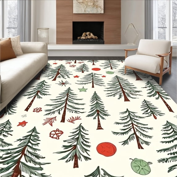 ODIKA 3'x5' Machine Washable Non-Slip Area Rug, Enchanted Forest Floor Rustic Winter Decoration High Traffic Rug with Pad, Ivory, 627379
