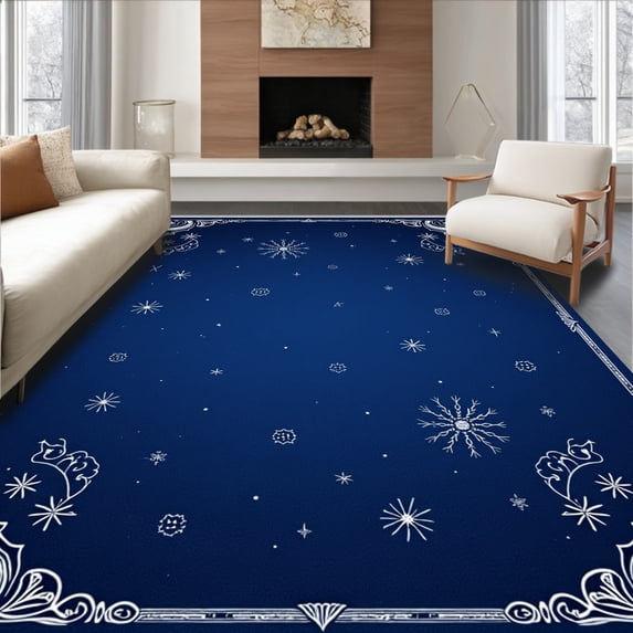 ODIKA 3'x5' Machine Washable Non-Slip Area Rug, Enchanted Frosty Night Trio Magical Starry Wonderland Celebration High Traffic Rug with Pad, Blue, 621737