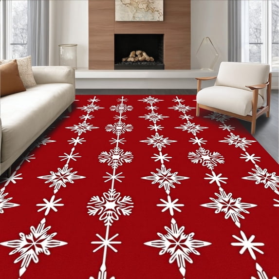 ODIKA 3'x5' Machine Washable Non-Slip Area Rug, Enchanted Frosty Wonderland Seasonal Embellishment High Traffic Rug, Red, 607301