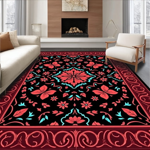 ODIKA 3'x5' Machine Washable Non-Slip Area Rug, Enchanted Garden Decorative With Vibrant Floral Motifs High Traffic Rug, Black, 543216
