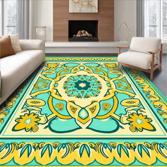 ODIKA 3'x5' Machine Washable Non-Slip Area Rug, Enchanted Garden Maze Whimsical Lattice Framework Decorative High Traffic Rug, Teal, 539668