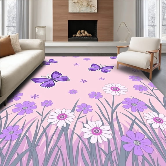 ODIKA 3'x5' Machine Washable Non-Slip Area Rug, Enchanted Garden Meadow with Floral Fantasy High Traffic Rug with Pad, Pink, 688797