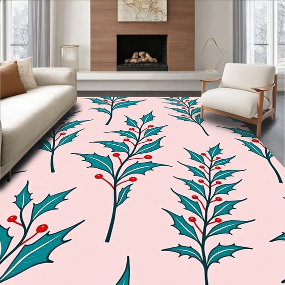 ODIKA 3'x5' Machine Washable Non-Slip Area Rug, Enchanted Holly Berry Vintage Farmhouse Pair Holiday Theme High Traffic Rug, Pink, 736010