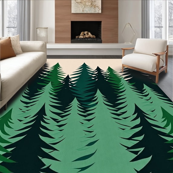ODIKA 3'x5' Machine Washable Non-Slip Area Rug, Enchanted Pine Tree Forest Festive High Traffic Rug, Beige, 625487