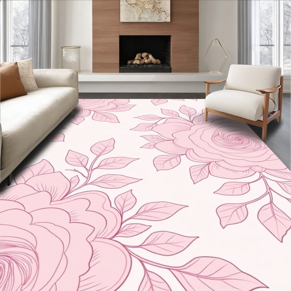 ODIKA 3'x5' Machine Washable Non-Slip Area Rug, Enchanted Rose Petal Cascade Tree Skirt with Romantic Floral Swirls High Traffic Rug with Pad, Pink, 653526