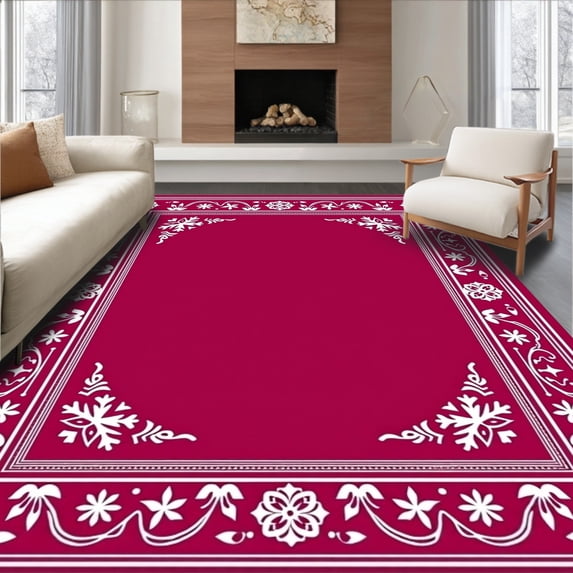 ODIKA 3'x5' Machine Washable Non-Slip Area Rug, Enchanted Snowy Dreamscape Magical Seasonal Floor Embellishment High Traffic Rug, Red, 618487